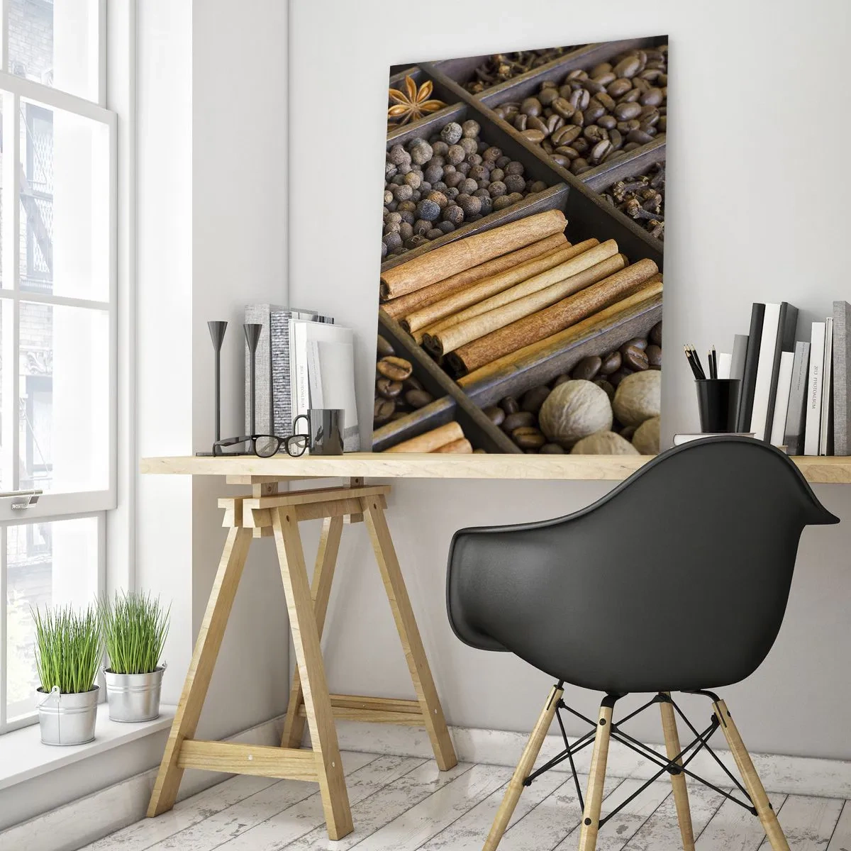 Quadro su vetro - Spezie in scomparti di legno - 50x70cm - Il tesoro degli aromi - Decorazione murale moderna per soggiorno e camera da letto ARTTOR