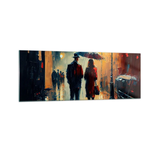 Quadro su vetro - Camminare sotto la pioggia sotto un ombrello in città di notte - 140x50cm - Love story cittadina - Decorazione murale moderna per soggiorno e camera da letto ARTTOR