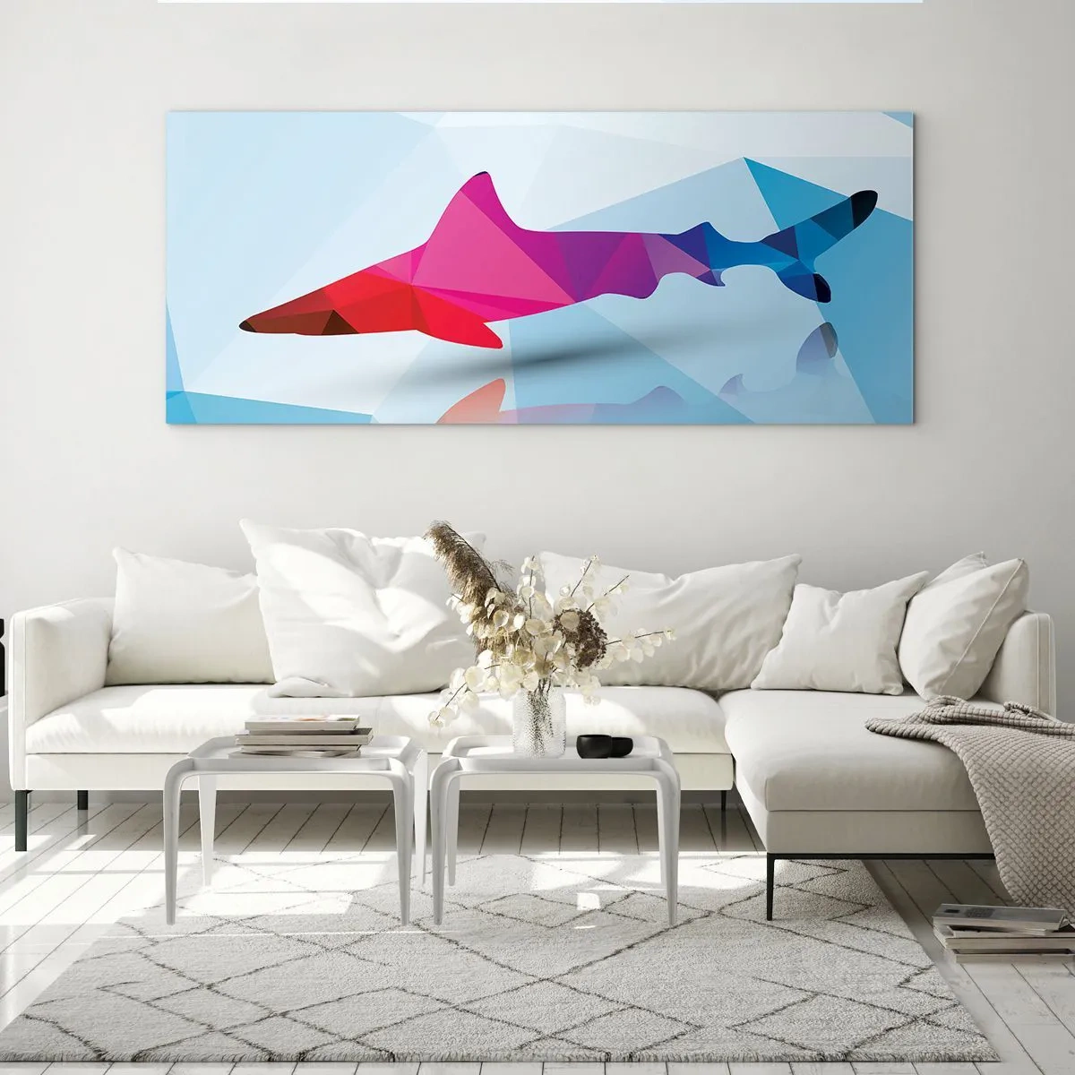 Quadro su vetro - Sagoma geometrica di squalo nei toni del rosa e del blu - 140x50cm - Squalo nello spazio di cristallo - Decorazione murale moderna per soggiorno e camera da letto ARTTOR