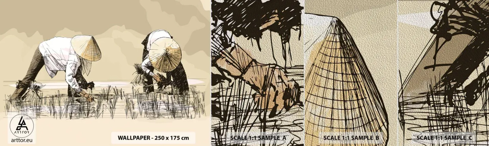 Campione di Fotomurale Premium Sand - Buon raccolto - Asia, Piantagione di riso, Campo di riso - 100x30 cm