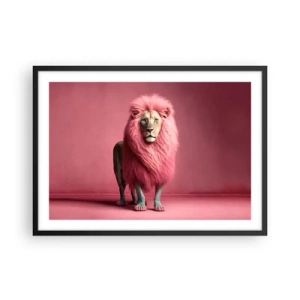 Poster in cornice nera - Un leone artisticamente raffigurato con una criniera rosa su uno sfondo rosa - 70x50cm - E non mette più paura - Decorazione murale moderna per soggiorno e camera da letto ARTTOR