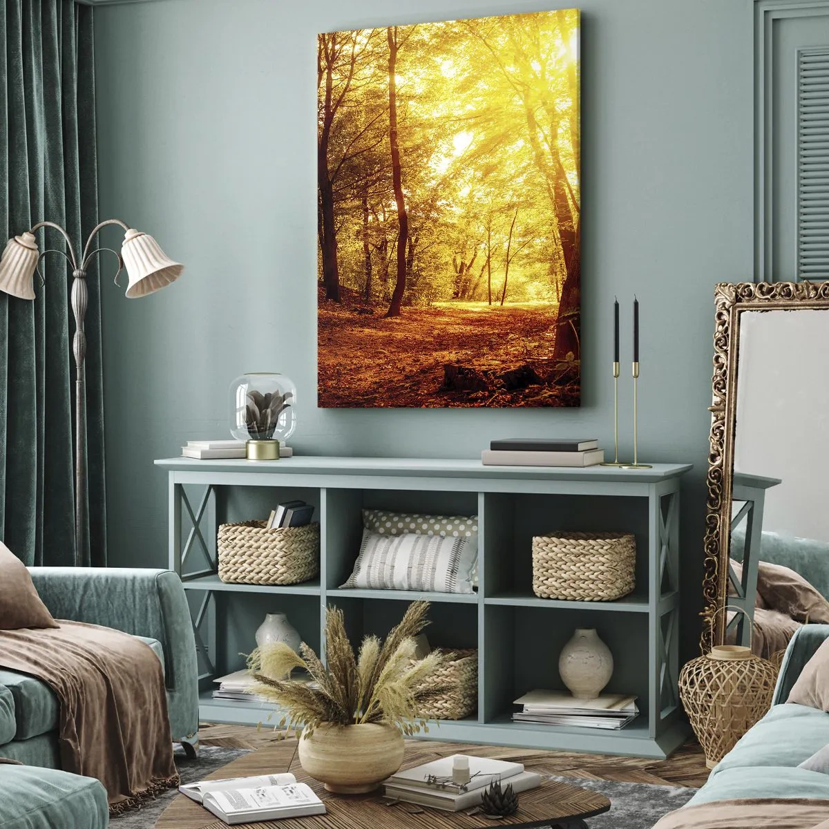 Quadro su tela - Stampe su Tela - Radura autunnale alla luce dorata del sole con un sentiero nel bosco - 80x120cm - Verso la radura dorata - Decorazione murale moderna per soggiorno e camera da letto ARTTOR