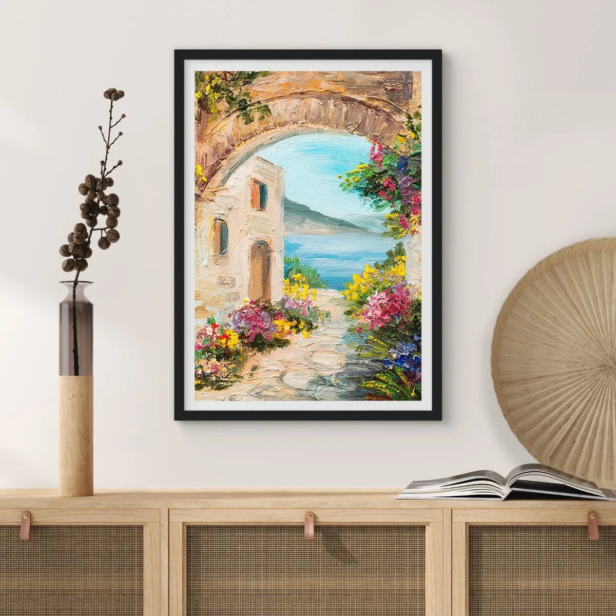 Poster in cornice nera - Arco in pietra con vista sul mare - 50x70cm - La bellezza della provincia costiera - Decorazione murale moderna per soggiorno e camera da letto ARTTOR