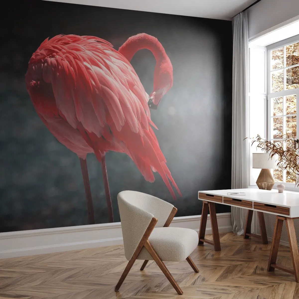 Fotomurali Premium Sand - Un'interpretazione artistica di un fenicottero rosso su uno sfondo scuro - 100x70cm - La poesia cremisi della natura - Decorazione murale moderna per soggiorno e camera da letto ARTTOR