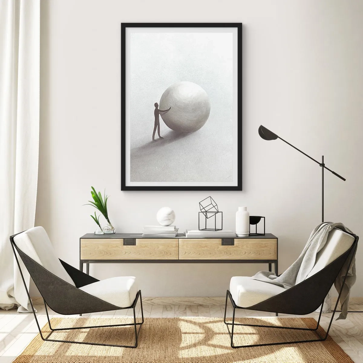 Poster in cornice nera - Una figura minimalista con una grande palla su uno sfondo neutro. - 50x70cm - Il gioco della vita - Decorazione murale moderna per soggiorno e camera da letto ARTTOR