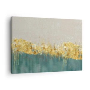 Quadro su tela - Stampe su Tela - Accenti dorati su sfondo verde-beige - 70x50cm - Confine dorato - Decorazione murale moderna per soggiorno e camera da letto ARTTOR