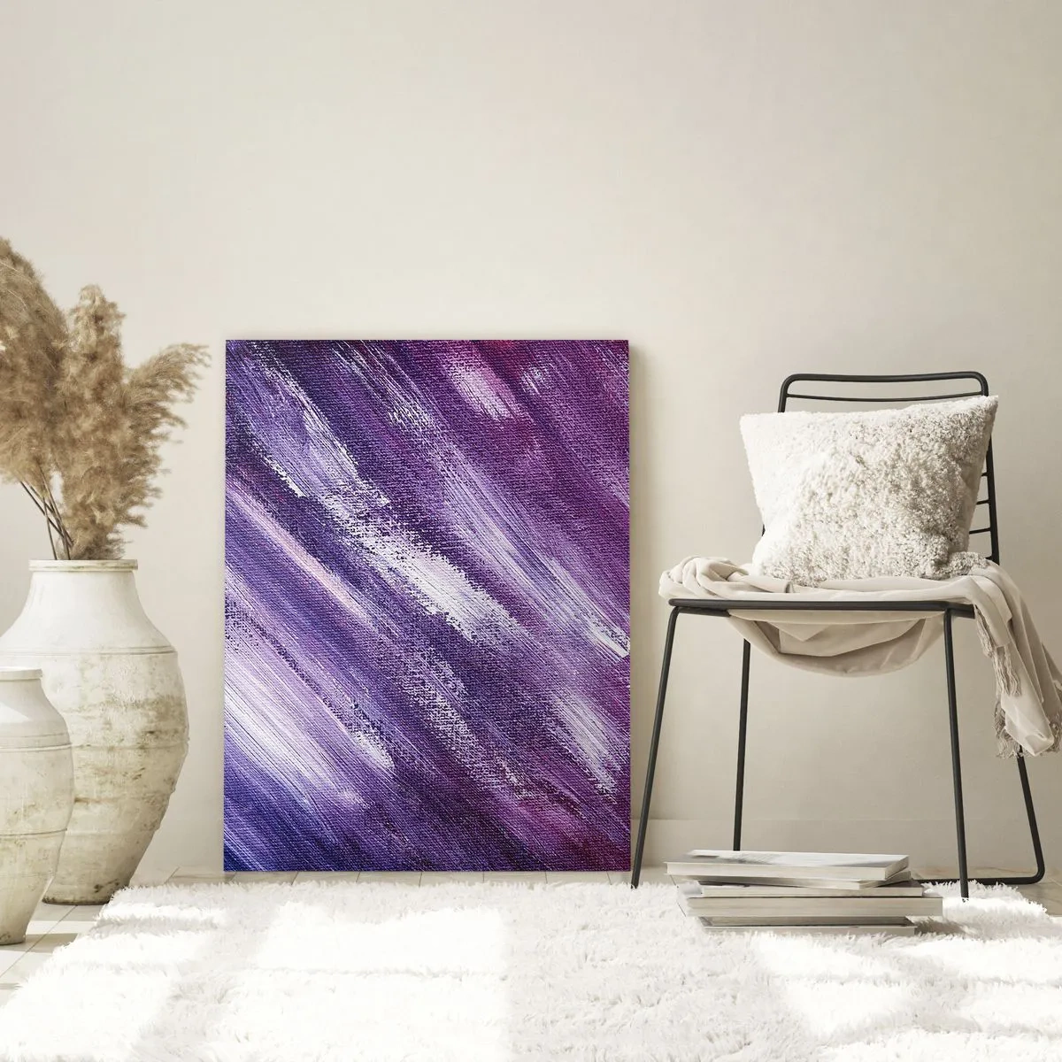 Quadro su vetro - Dipinto astratto nei toni del viola e del bianco - 50x70cm - Quando soffia il vento solare - Decorazione murale moderna per soggiorno e camera da letto ARTTOR