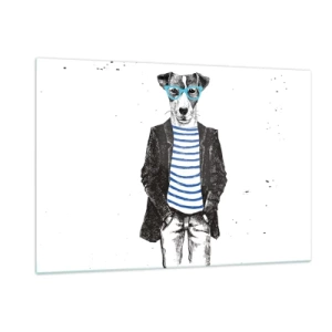 Quadro su vetro - Illustrazione di un cane che indossa una camicia da marinaio e occhiali su uno sfondo bianco - 120x80cm - Incantesimo sul cane - Decorazione murale moderna per soggiorno e camera da letto ARTTOR