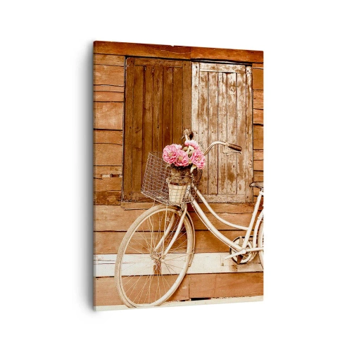 Quadro su tela - Stampe su Tela - Una bicicletta con un cesto pieno di rose contro un muro di legno - 50x70cm - Torno subito - Decorazione murale moderna per soggiorno e camera da letto ARTTOR