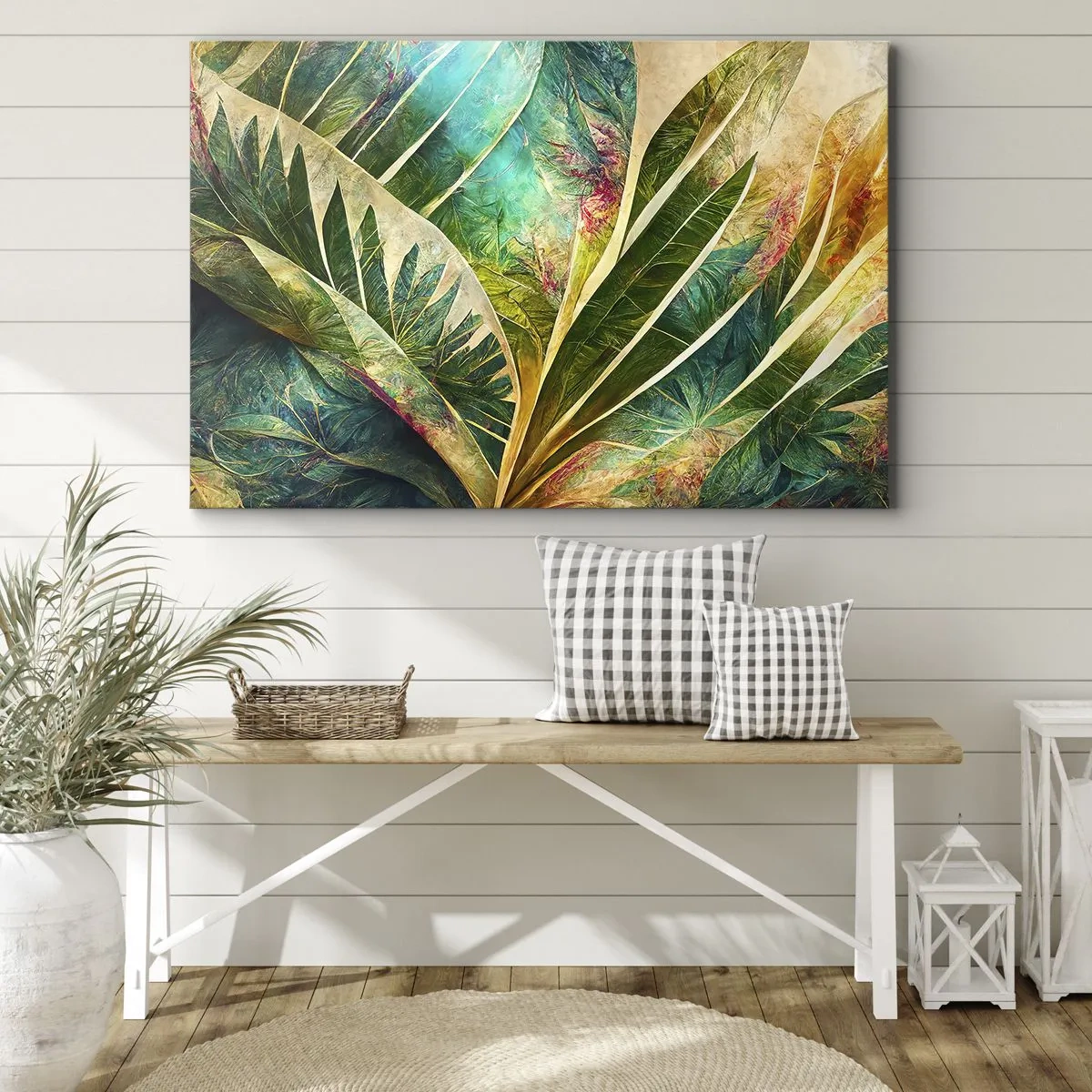 Quadro su tela - Stampe su Tela - Foglie tropicali colorate su uno sfondo chiaro - 70x50cm - I colori dei tropici - Decorazione murale moderna per soggiorno e camera da letto ARTTOR