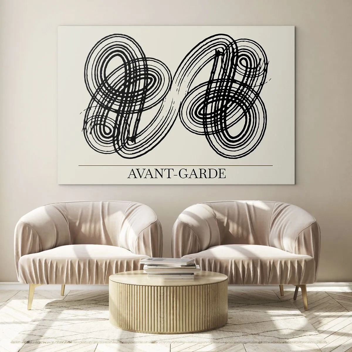 Quadro su vetro - Anelli e linee d'avanguardia neri su sfondo chiaro - 70x50cm - In tutta spontaneità - Decorazione murale moderna per soggiorno e camera da letto ARTTOR