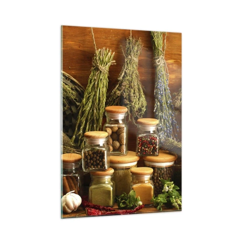 Quadro su vetro - Erbe e spezie in barattoli su fondo in legno - 50x70cm - Magie di cucina - Decorazione murale moderna per soggiorno e camera da letto ARTTOR
