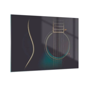 Quadro su vetro - Primo piano di una chitarra acustica nera con dettaglio delle corde - 70x50cm - L'attimo prima del suono - Decorazione murale moderna per soggiorno e camera da letto ARTTOR