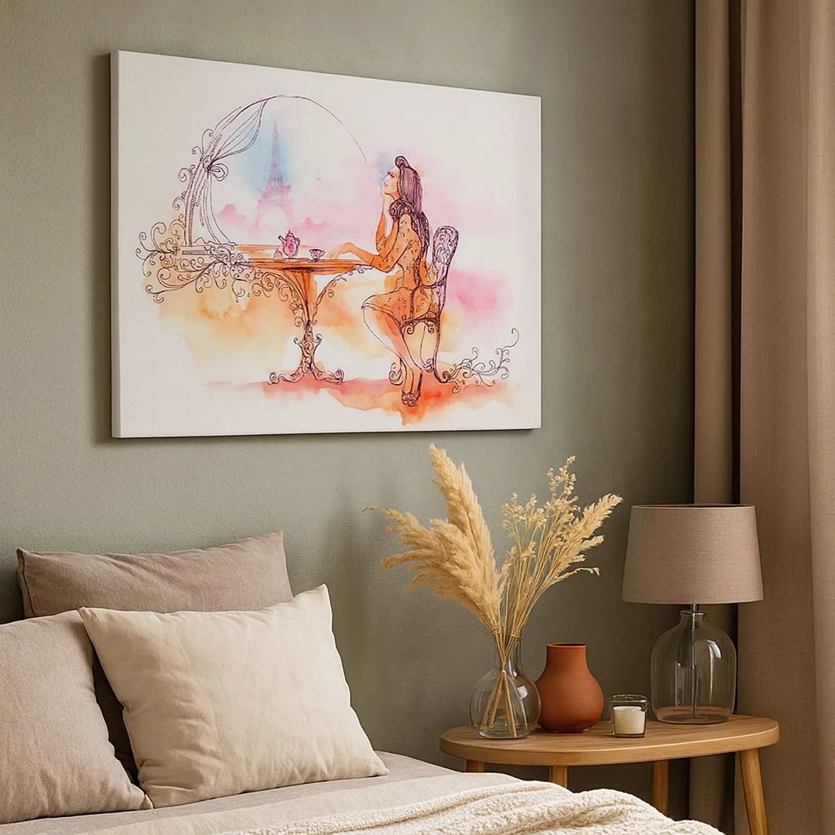 Quadro su tela - Stampe su Tela - Acquerello romantico di una donna in un caffè con vista su una torre - 70x50cm - Chic parigino - Decorazione murale moderna per soggiorno e camera da letto ARTTOR