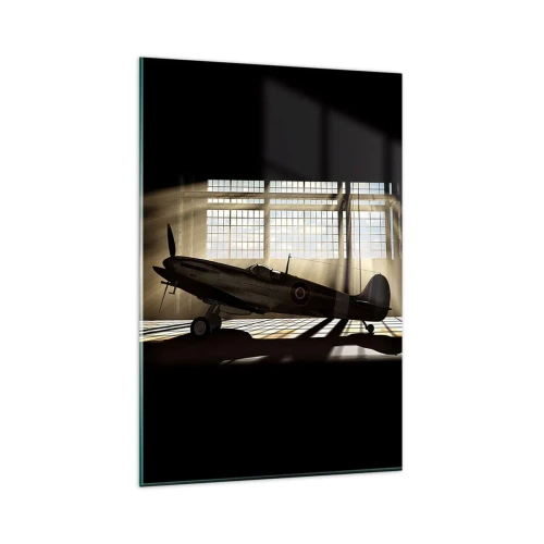 Quadro su vetro - Un aereo storico in un hangar illuminato dalla luce del sole - 80x120cm - Il riposo del guerriero - Decorazione murale moderna per soggiorno e camera da letto ARTTOR