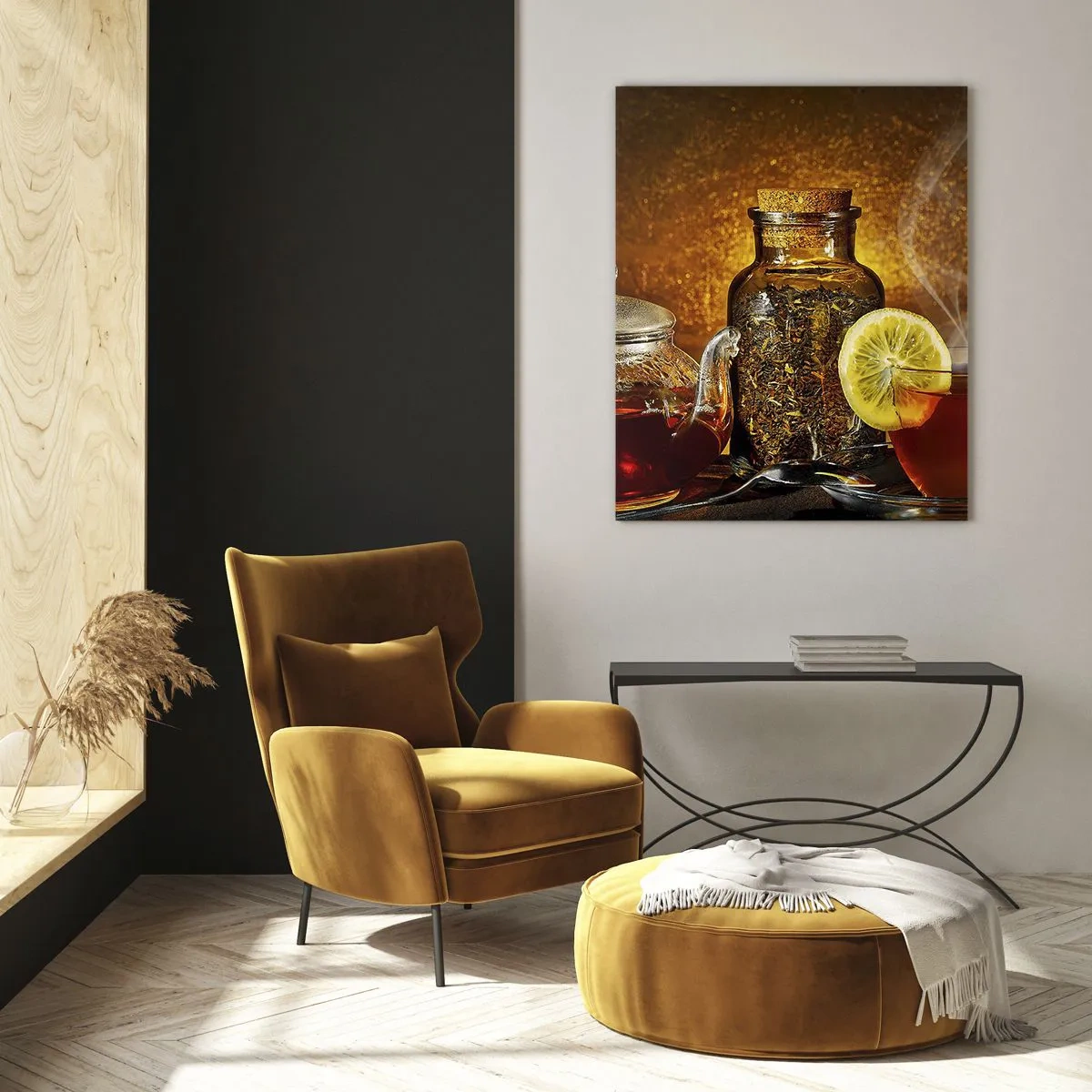 Quadro su vetro - Tè in una brocca di vetro con limone e tè sfuso - 80x120cm - Nello stile dei maestri olandesi - Decorazione murale moderna per soggiorno e camera da letto ARTTOR