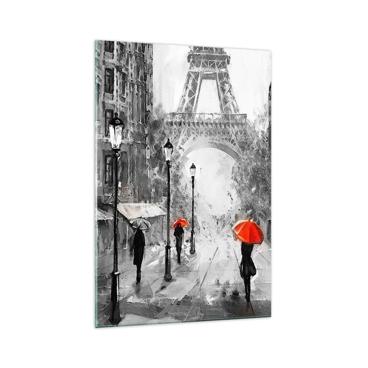 Quadro su vetro - Una strada con vista sulla Torre Eiffel e ombrelli rossi - 70x100cm - Tutte le strade portano da lei - Decorazione murale moderna per soggiorno e camera da letto ARTTOR