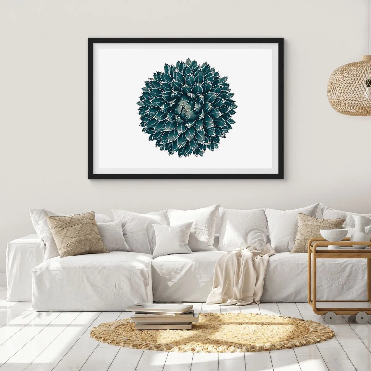 Poster in cornice nera - Pianta succulenta simmetrica su sfondo bianco - 70x50cm - La stella del deserto - Decorazione murale moderna per soggiorno e camera da letto ARTTOR