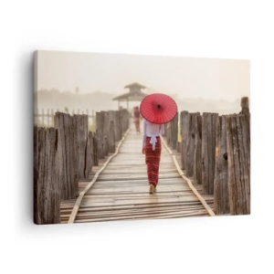 Quadro su tela - Stampe su Tela - Una donna con un ombrello rosso su un ponte di legno - 70x50cm - Sul vecchio ponte - Decorazione murale moderna per soggiorno e camera da letto ARTTOR