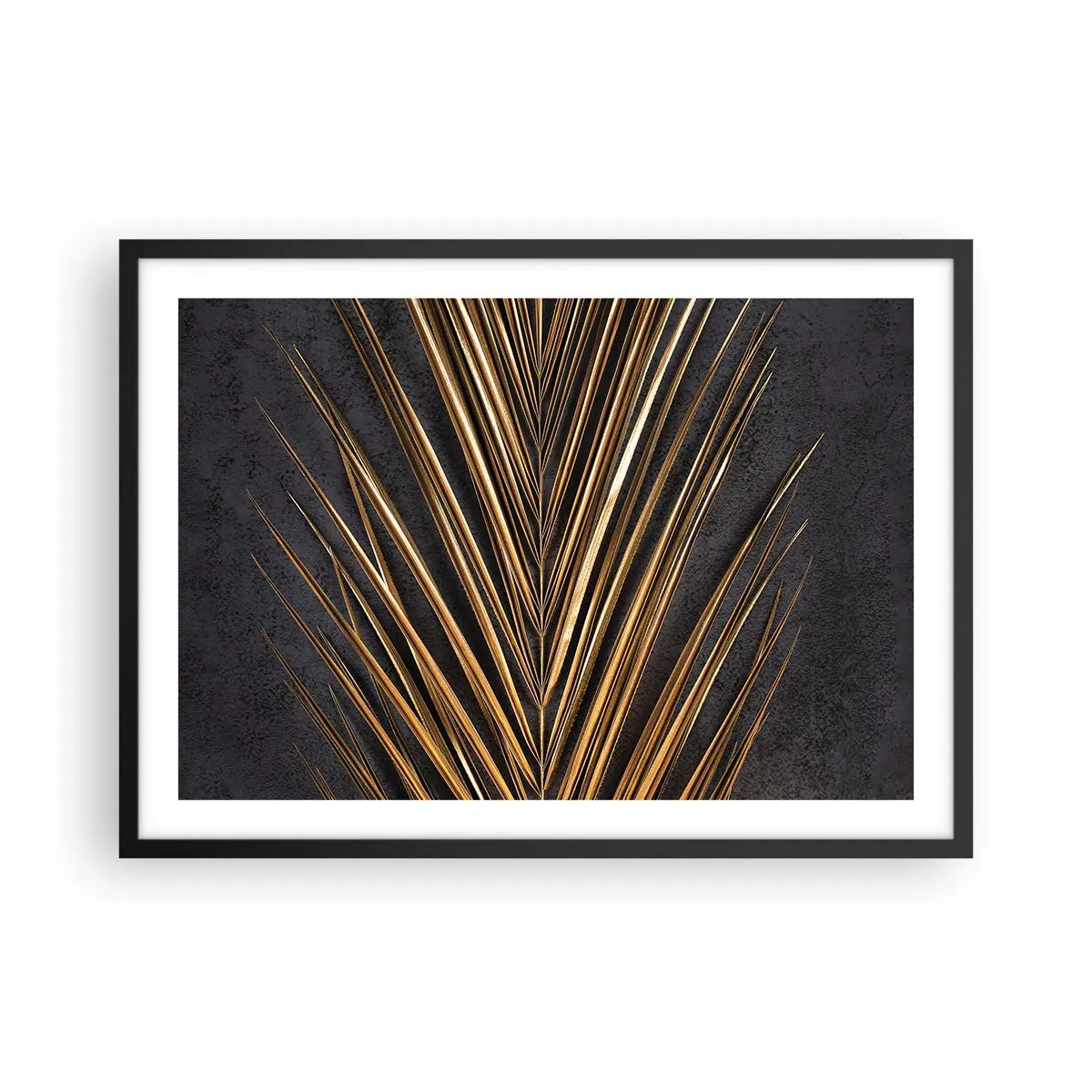 Poster in cornice nera - Foglia tropicale dorata su sfondo nero - 70x50cm - L'oro dei tropici - Decorazione murale moderna per soggiorno e camera da letto ARTTOR