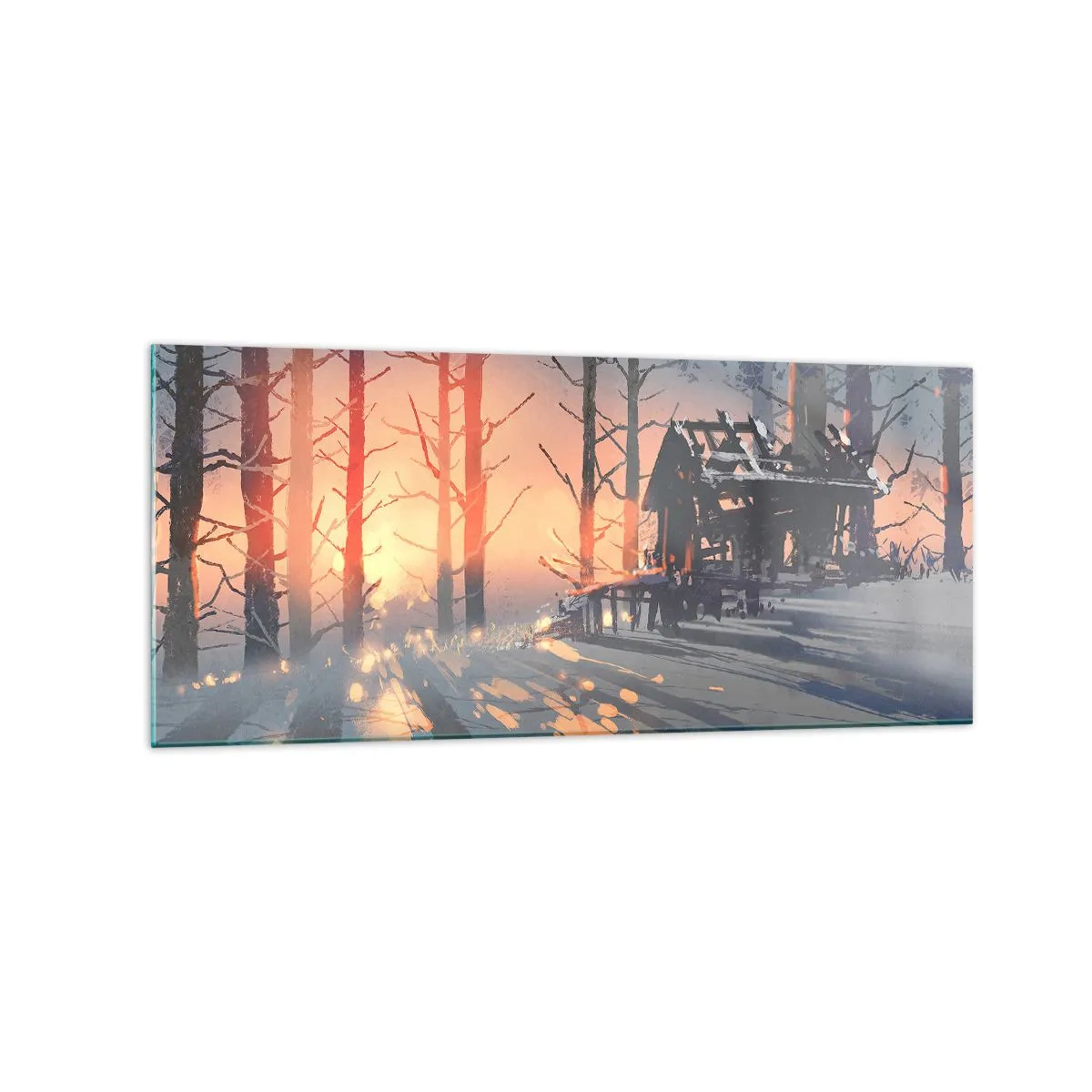 Quadro su vetro - Una casetta nel bosco in un paesaggio invernale con i raggi del sole al tramonto - 120x50cm - Qui solamente il sole osserva - Decorazione murale moderna per soggiorno e camera da letto ARTTOR