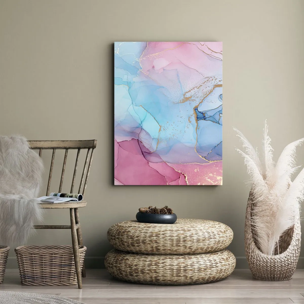 Quadro su tela - Stampe su Tela - Motivi pastello astratti con accenti dorati - 50x70cm - Incontro e compenetrazione - Decorazione murale moderna per soggiorno e camera da letto ARTTOR