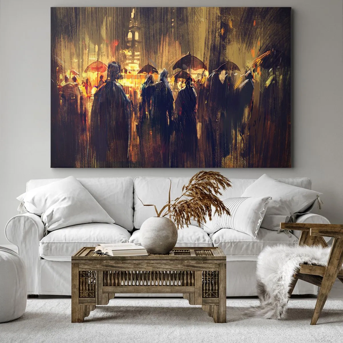 Quadro su tela - Stampe su Tela - Figure con ombrelli in una città piovosa di notte - 120x80cm - Gli adoratori della pioggia - Decorazione murale moderna per soggiorno e camera da letto ARTTOR