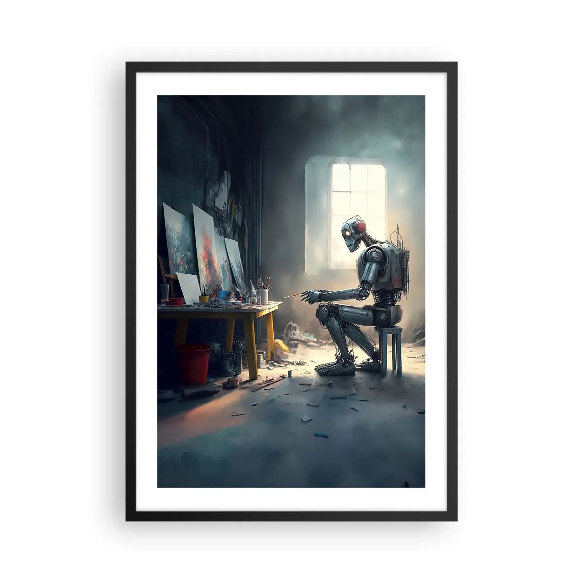 Poster in cornice nera - L'artista robot dipinge quadri nel suo studio - 50x70cm - Atto creativo - Decorazione murale moderna per soggiorno e camera da letto ARTTOR
