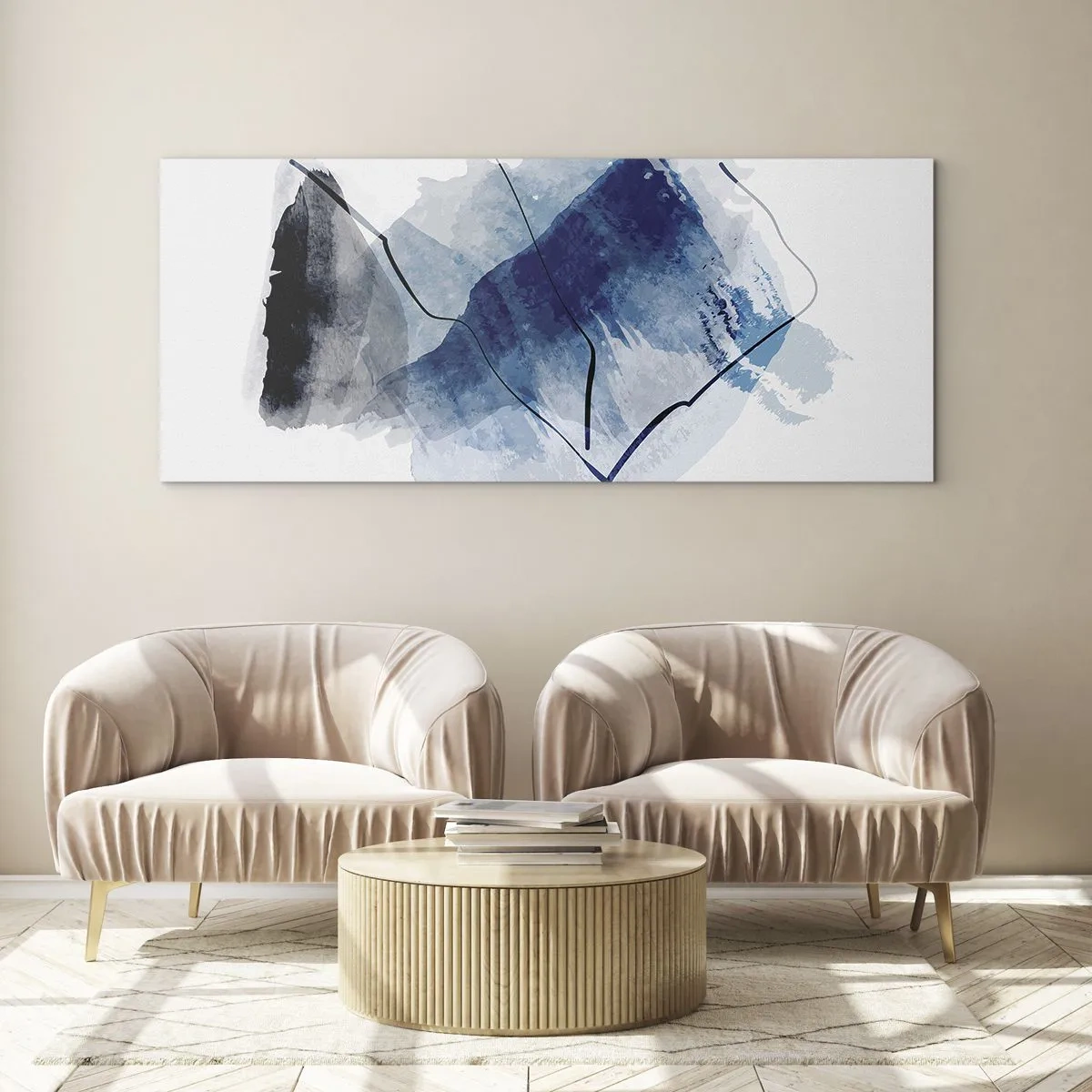 Quadro su vetro - Forme astratte nei toni del blu con linee delicate - 120x50cm - Monte di ghiaccio - Decorazione murale moderna per soggiorno e camera da letto ARTTOR