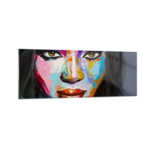 Quadro su vetro - Un ritratto colorato di una donna dallo sguardo intenso - 140x50cm - Non si può staccare lo sguardo - Decorazione murale moderna per soggiorno e camera da letto ARTTOR