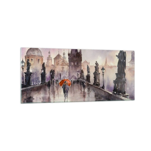 Quadro su vetro - Vista romantica di un ponte con un ombrello sullo sfondo di una città serale - 120x50cm - Le persone non cambiano - Decorazione murale moderna per soggiorno e camera da letto ARTTOR
