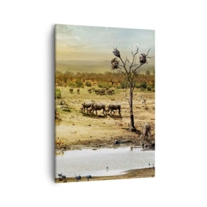 Quadro su tela - Stampe su Tela - Elefanti e animali selvatici in una pozza d'acqua al tramonto - 50x70cm - "Un fiume usciva da Eden…" - Decorazione murale moderna per soggiorno e camera da letto ARTTOR