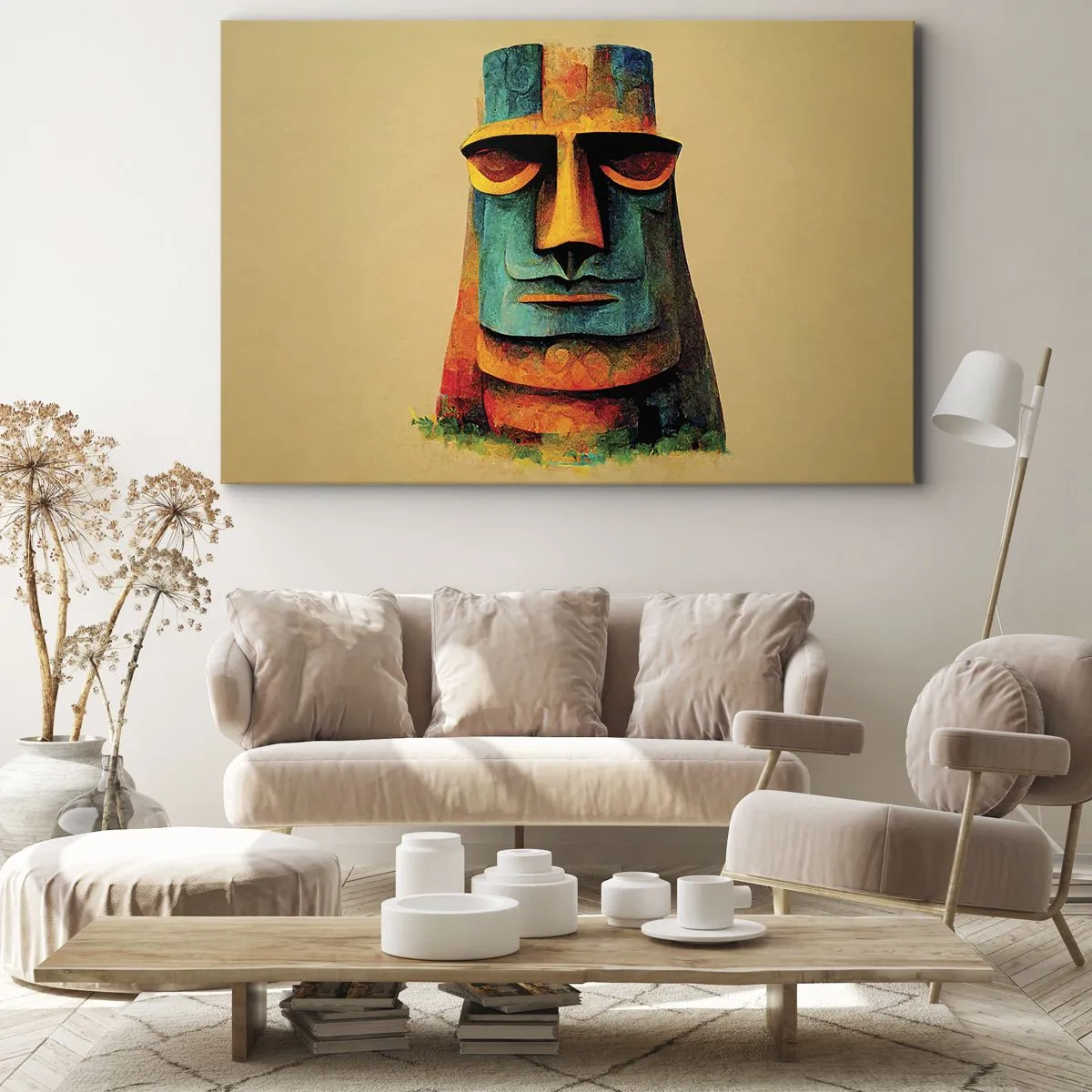 Quadro su tela - Stampe su Tela - Statua colorata dell'Isola di Pasqua - 70x50cm - Statuario, ma simpatico - Decorazione murale moderna per soggiorno e camera da letto ARTTOR