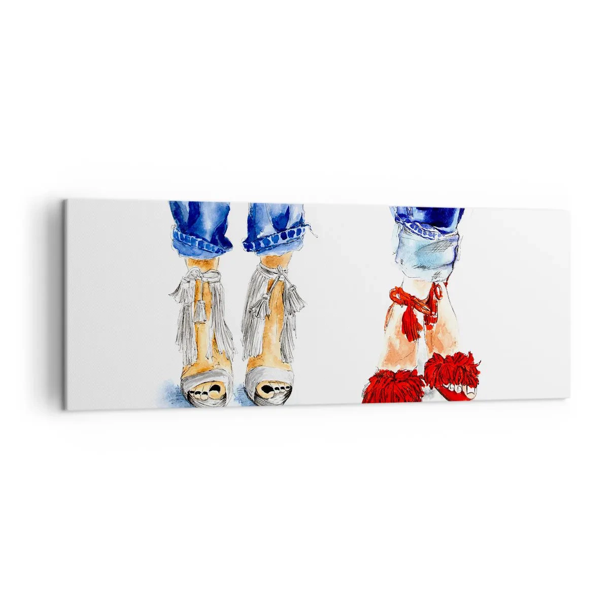 Quadro su tela - Stampe su Tela - Illustrazione di due paia di scarpe con sandali eleganti e jeans - 140x50cm - Facciamo una passeggiata? - Decorazione murale moderna per soggiorno e camera da letto ARTTOR