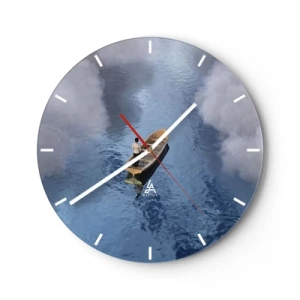 Orologio da parete - Orologio in Vetro - Una figura su una barca che galleggia sull'acqua calma tra le nuvole - 30x30cm - Vita - viaggio - incertezza  - Decorazione murale moderna per soggiorno, cucina e camera da letto ARTTOR
