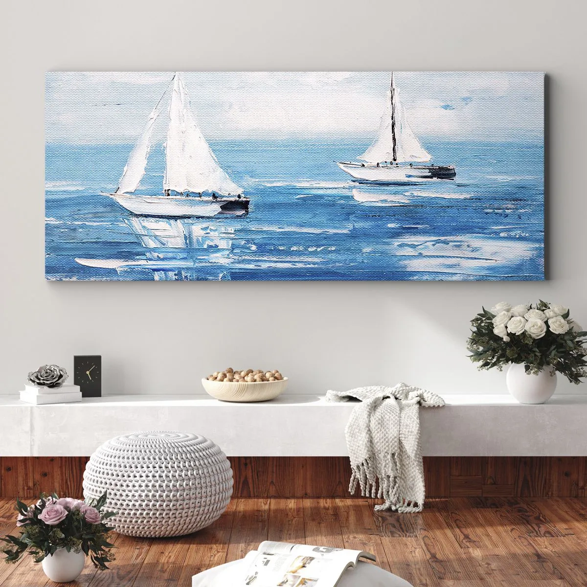 Quadro su tela - Stampe su Tela - Yacht sul mare blu in stile artistico - 160x50cm - Con un amico al fianco - Decorazione murale moderna per soggiorno e camera da letto ARTTOR