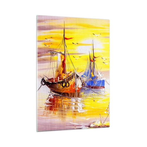 Quadro su vetro - Barche da pesca al tramonto su acque calme - 50x70cm - Meritato riposo nel porto - Decorazione murale moderna per soggiorno e camera da letto ARTTOR