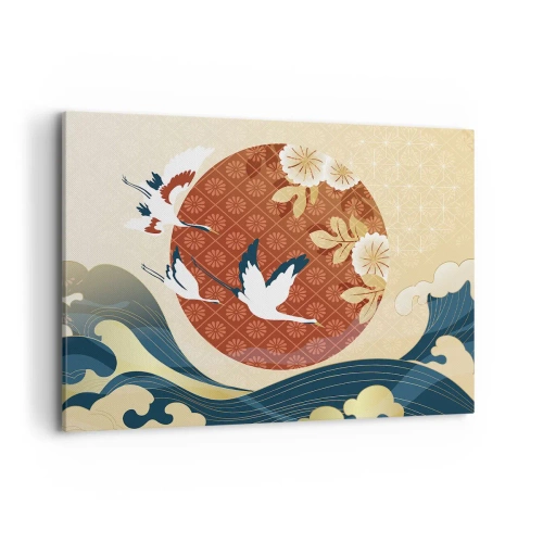 Quadro su tela - Stampe su Tela - Composizione giapponese con gru e onde - 100x70cm - Favola giapponese - Decorazione murale moderna per soggiorno e camera da letto ARTTOR