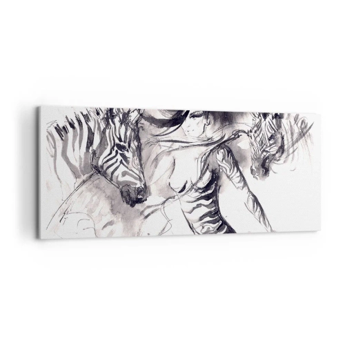 Quadro su tela - Stampe su Tela - Una donna in una danza dinamica con zebre in un'estetica in bianco e nero - 120x50cm - Ballando con le zebre - Decorazione murale moderna per soggiorno e camera da letto ARTTOR
