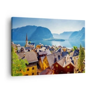 Quadro su tela - Stampe su Tela - Un pittoresco villaggio su un lago circondato da montagne in una giornata di sole - 70x50cm - Più pittoresco di così non si può - Decorazione murale moderna per soggiorno e camera da letto ARTTOR