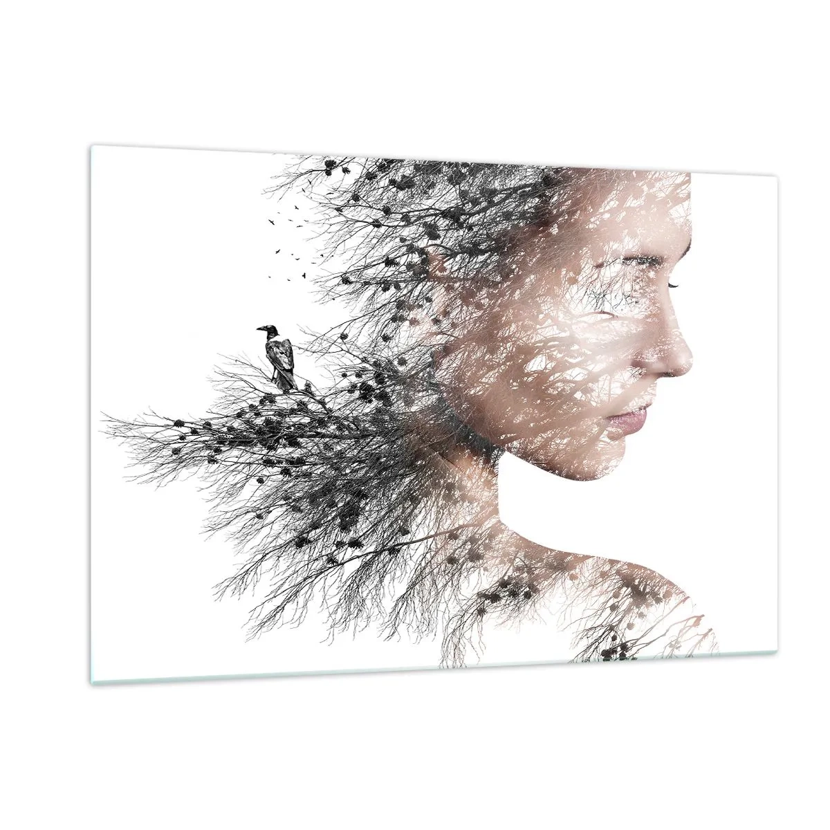 Quadro su vetro - Ritratto di donna con rami sullo sfondo - 120x80cm - Lo spirito della foresta - Decorazione murale moderna per soggiorno e camera da letto ARTTOR