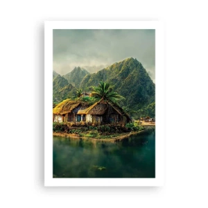 Poster - Cottage tropicale con montagne e un lago sullo sfondo - 50x70cm - Paradiso tropicale - Decorazione murale moderna per soggiorno e camera da letto ARTTOR