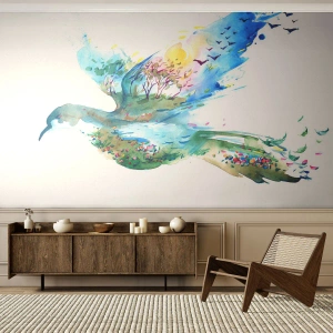 Fotomurali Premium Sand - Uccello con paesaggio naturale in stile acquerello - 100x70cm - Sulle ali della natura - Decorazione murale moderna per soggiorno e camera da letto ARTTOR