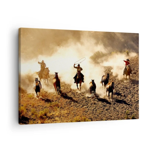 Quadro su tela - Stampe su Tela - Cowboy a cavallo in azione nel terreno desertico - 70x50cm - Il vero Far West - Decorazione murale moderna per soggiorno e camera da letto ARTTOR