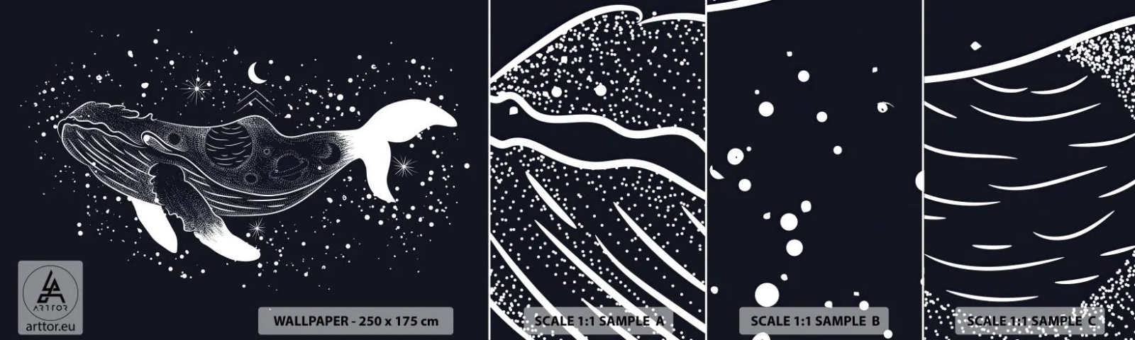 Campione Di Fotomurale Standard Eco - Nell'oceano dell'universo - Astrazione, Balena, Bianco e nero - 100x30 cm