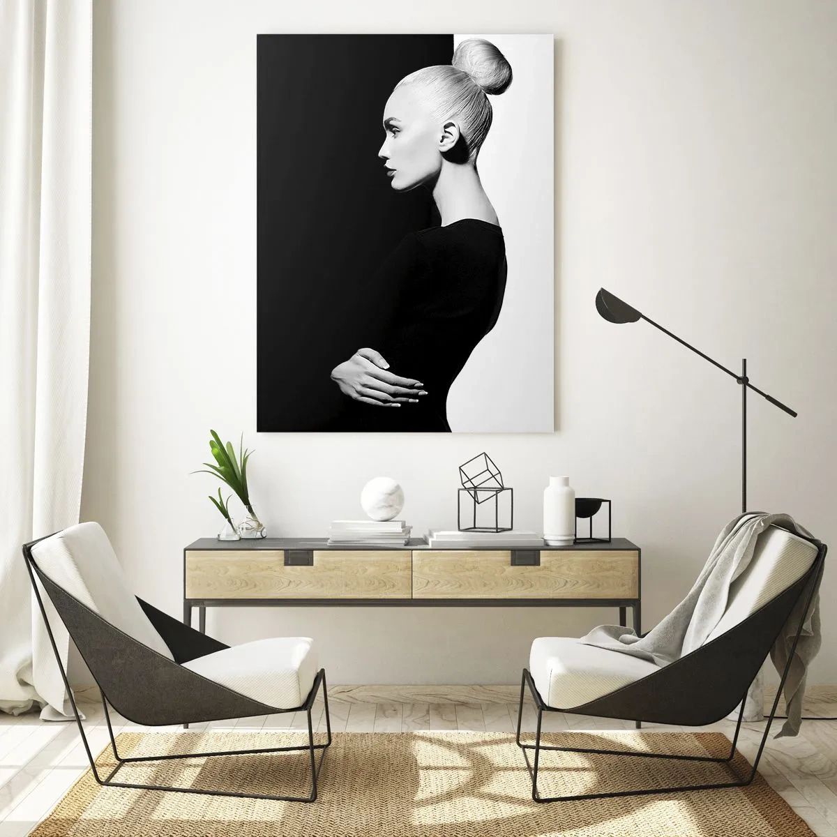 Quadro su vetro - Ritratto in bianco e nero di una donna con un elegante chignon - 50x70cm - Semplicemente donna - Decorazione murale moderna per soggiorno e camera da letto ARTTOR
