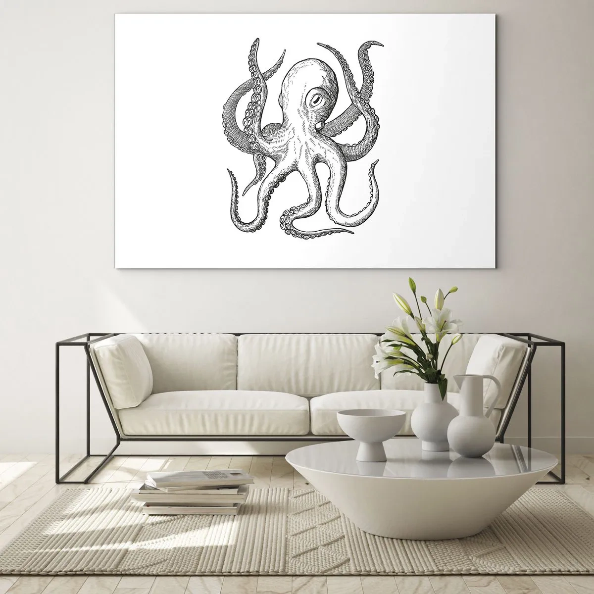 Quadro su vetro - Disegno in bianco e nero di un polpo su sfondo bianco - 70x50cm - Ballando con le onde - Decorazione murale moderna per soggiorno e camera da letto ARTTOR