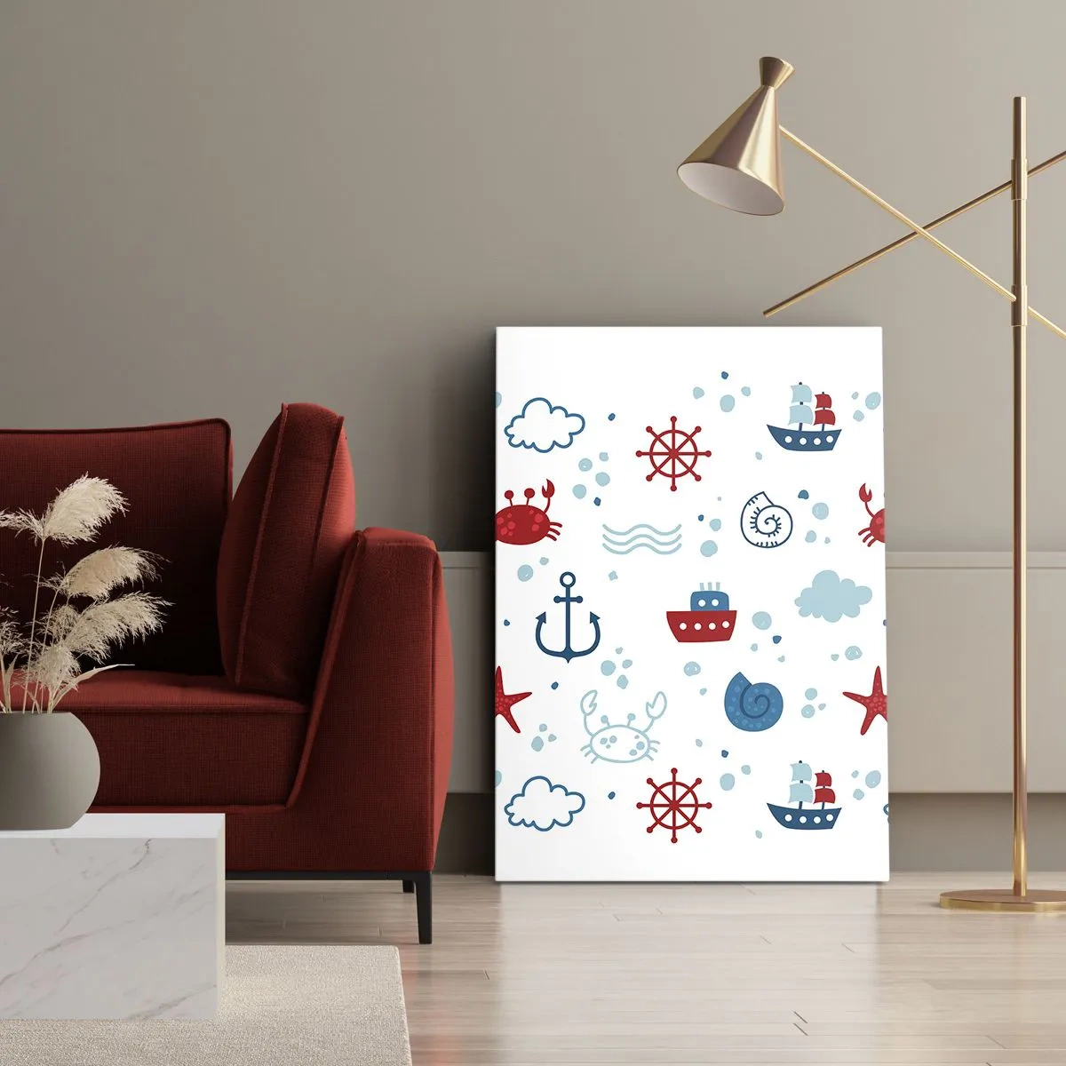 Quadro su tela - Stampe su Tela - Motivo nautico con ancore, navi e granchi - 80x120cm - Favola nel mare - Decorazione murale moderna per soggiorno e camera da letto ARTTOR
