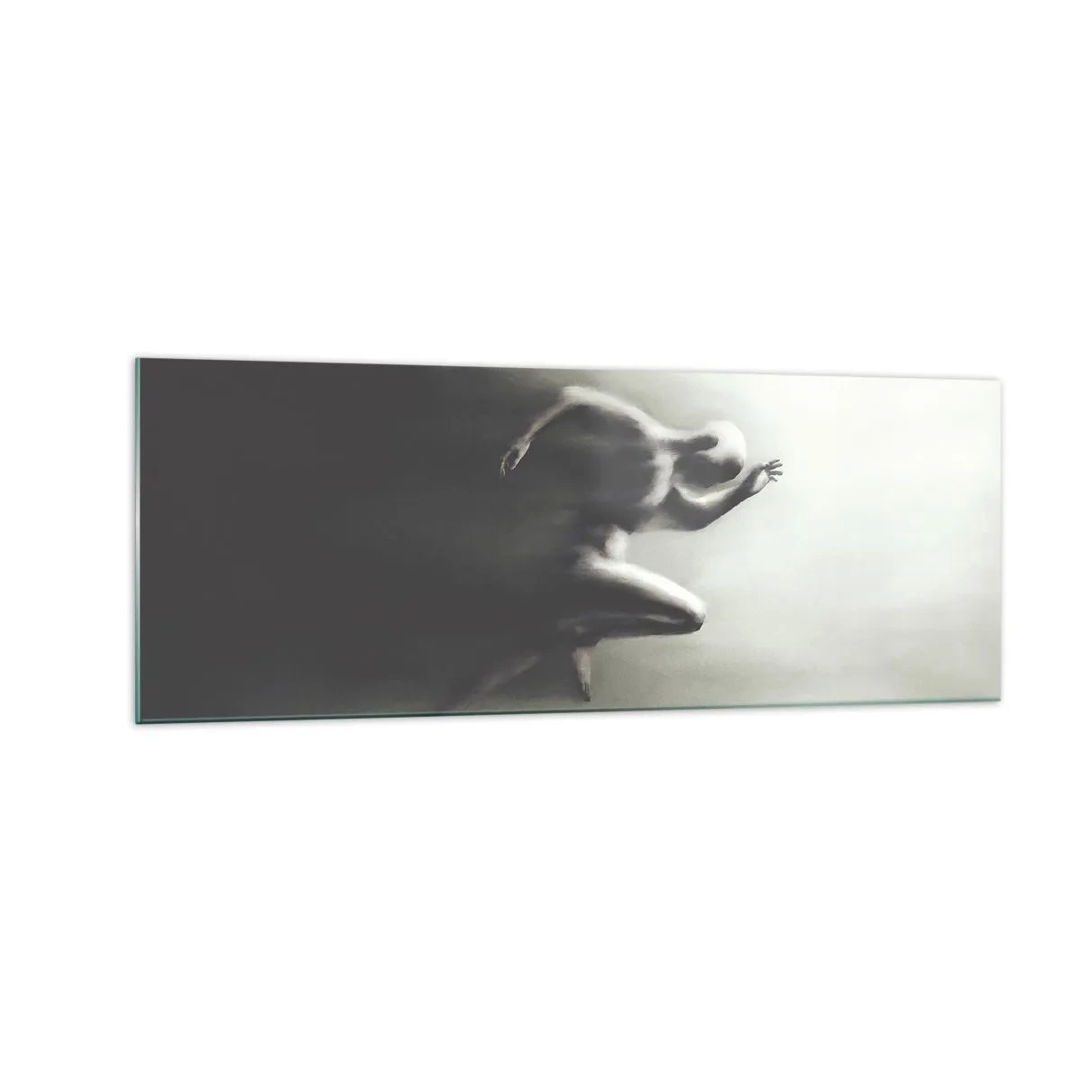 Quadro su vetro - Una silhouette in bianco e nero di una figura in corsa, realizzata in uno stile dinamico e surreale. - 140x50cm - Inarrestabile - Decorazione murale moderna per soggiorno e camera da letto ARTTOR