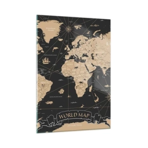 Quadro su vetro - Mappa del mondo stilizzata nei toni del beige e del nero - 50x70cm - I confini del mio mondo - Decorazione murale moderna per soggiorno e camera da letto ARTTOR